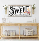 Sweet Shoppe Old Fashioned Candy Sign, Personalized Options, Cottage Farmhouse Style handmade by ToeFishArt. Original, custom, personalized wall decor signs. Canvas, Wood or Metal. Rustic modern farmhouse, cottagecore, vintage, retro, industrial, Americana, primitive, country, coastal, minimalist.