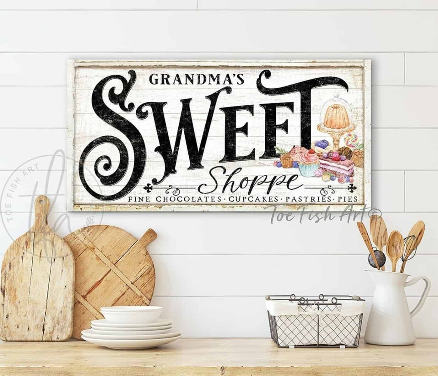 Sweet Shoppe Old Fashioned Candy Sign, Personalized Options, Cottage Farmhouse Style handmade by ToeFishArt. Original, custom, personalized wall decor signs. Canvas, Wood or Metal. Rustic modern farmhouse, cottagecore, vintage, retro, industrial, Americana, primitive, country, coastal, minimalist.