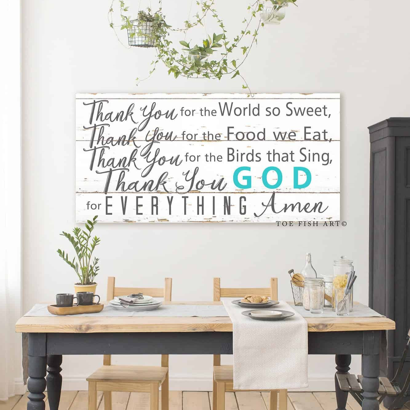 Thank You for the Food We Eat Sign handmade by ToeFishArt. Original, custom, personalized wall decor signs. Canvas, Wood or Metal. Rustic modern farmhouse, cottagecore, vintage, retro, industrial, Americana, primitive, country, coastal, minimalist.