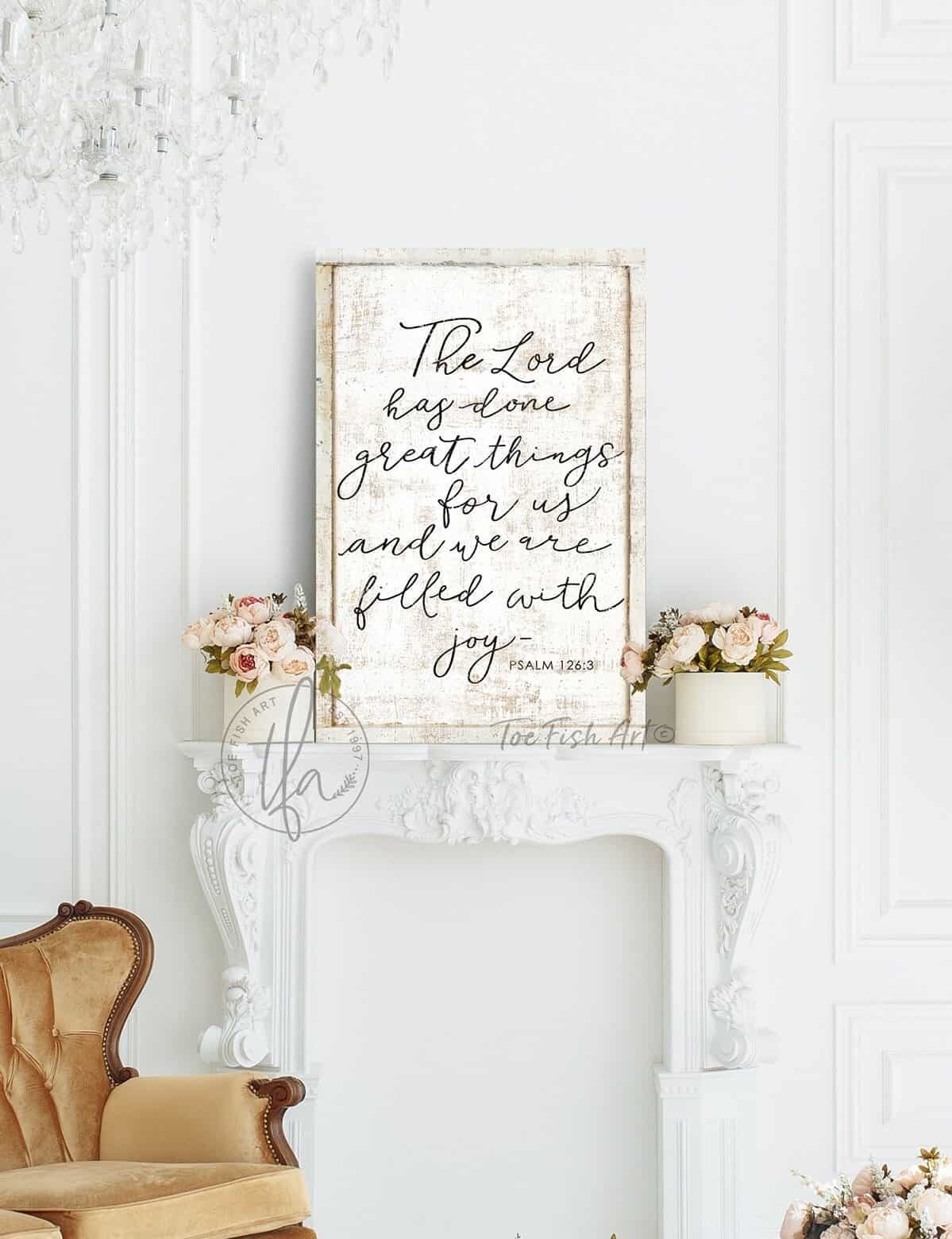 The Lord Has Done Great Things Sign handmade by ToeFishArt. Original, custom, personalized wall decor signs. Canvas, Wood or Metal. Rustic modern farmhouse, cottagecore, vintage, retro, industrial, Americana, primitive, country, coastal, minimalist.