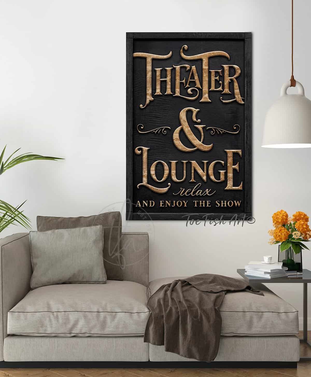 Theater & Lounge Canvas Sign, Wall Art with Wording Options, Modern Farmhouse Style handmade by ToeFishArt. Original, custom, personalized wall decor signs. Canvas, Wood or Metal. Rustic modern farmhouse, cottagecore, vintage, retro, industrial, Americana, primitive, country, coastal, minimalist.