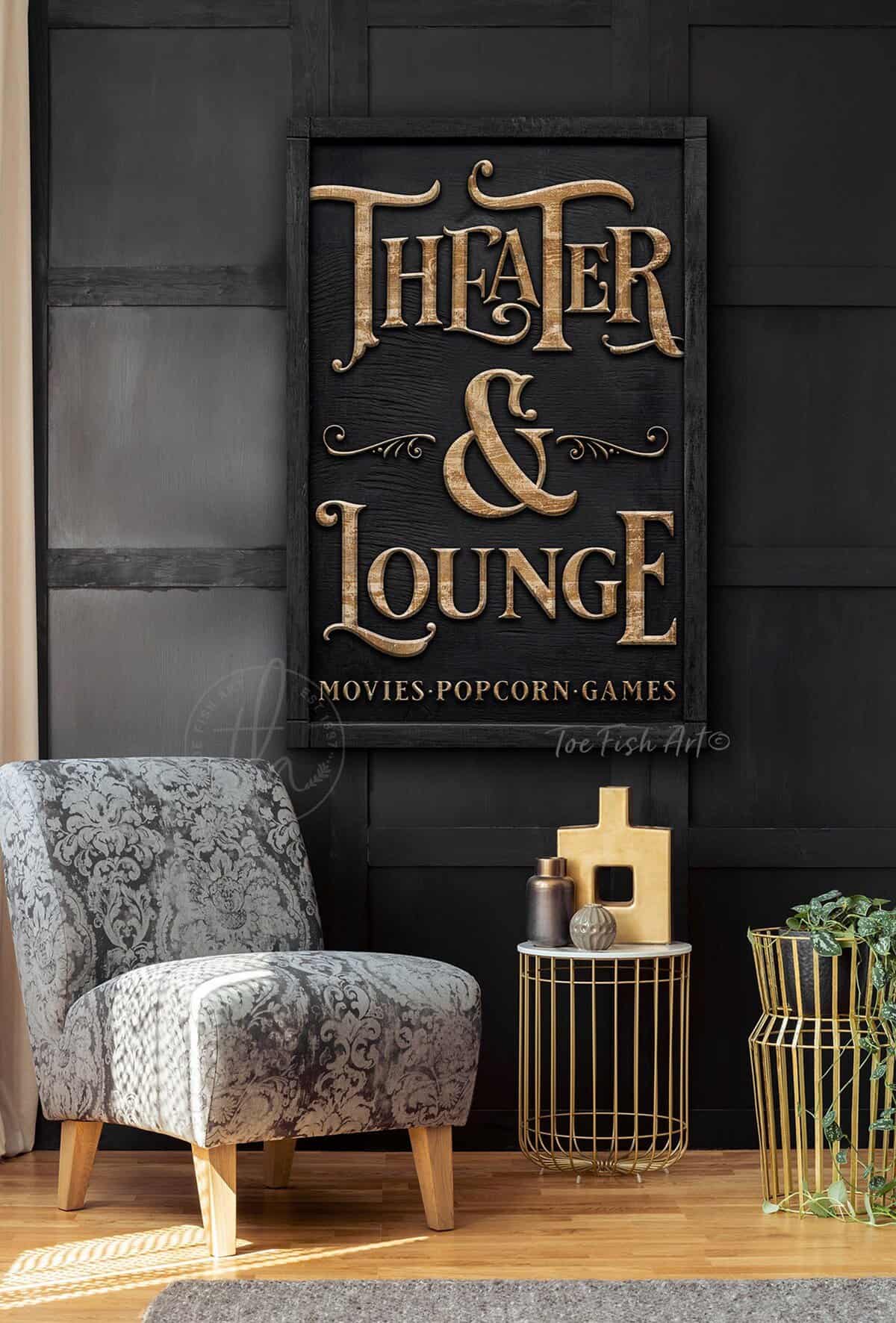 Theater & Lounge Canvas Sign, Wall Art with Wording Options, Modern Farmhouse Style handmade by ToeFishArt. Original, custom, personalized wall decor signs. Canvas, Wood or Metal. Rustic modern farmhouse, cottagecore, vintage, retro, industrial, Americana, primitive, country, coastal, minimalist.