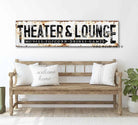 Theater & Lounge Sign handmade by ToeFishArt. Original, custom, personalized wall decor signs. Canvas, Wood or Metal. Rustic modern farmhouse, cottagecore, vintage, retro, industrial, Americana, primitive, country, coastal, minimalist.