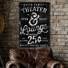 Theater & Lounge Sign handmade by ToeFishArt. Original, custom, personalized wall decor signs. Canvas, Wood or Metal. Rustic modern farmhouse, cottagecore, vintage, retro, industrial, Americana, primitive, country, coastal, minimalist.