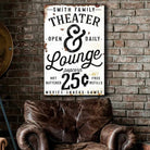 Theater & Lounge Sign handmade by ToeFishArt. Original, custom, personalized wall decor signs. Canvas, Wood or Metal. Rustic modern farmhouse, cottagecore, vintage, retro, industrial, Americana, primitive, country, coastal, minimalist.