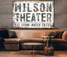 Theater Sign handmade by ToeFishArt. Original, custom, personalized wall decor signs. Canvas, Wood or Metal. Rustic modern farmhouse, cottagecore, vintage, retro, industrial, Americana, primitive, country, coastal, minimalist.