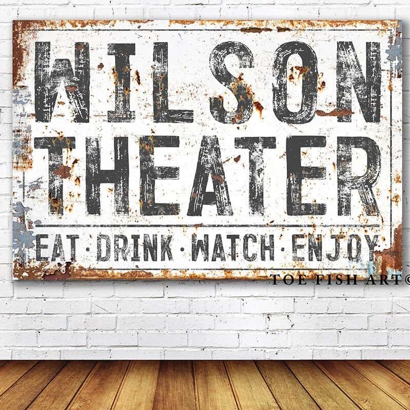 Theater Sign handmade by ToeFishArt. Original, custom, personalized wall decor signs. Canvas, Wood or Metal. Rustic modern farmhouse, cottagecore, vintage, retro, industrial, Americana, primitive, country, coastal, minimalist.
