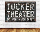 Theater Sign handmade by ToeFishArt. Original, custom, personalized wall decor signs. Canvas, Wood or Metal. Rustic modern farmhouse, cottagecore, vintage, retro, industrial, Americana, primitive, country, coastal, minimalist.