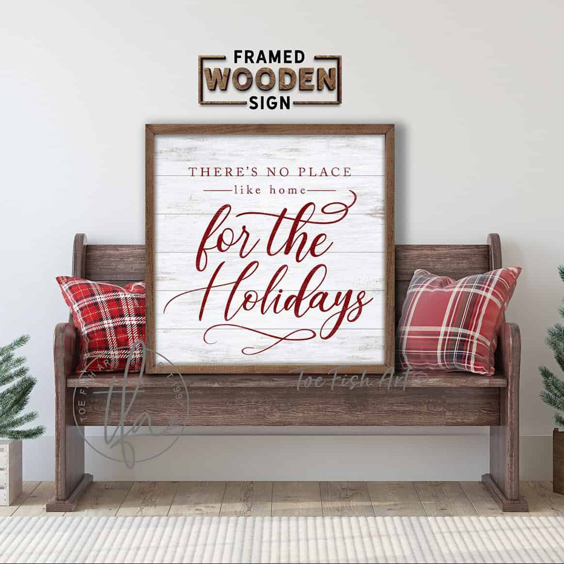 There's No Place Like Home for The Holidays Decoration in Vibrant Holiday Red and White, Vintage Christmas Wall Art, Framed Hardwood Shiplap Sign handmade by ToeFishArt. Original, custom, personalized wall decor signs. Canvas, Wood or Metal. Rustic modern farmhouse, cottagecore, vintage, retro, industrial, Americana, primitive, country, coastal, minimalist.