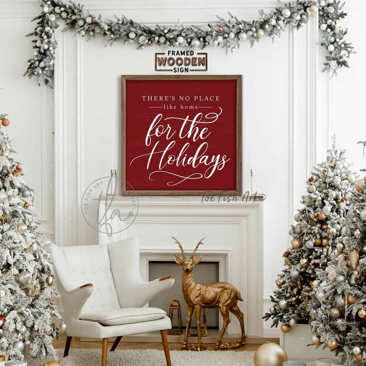 There's No Place Like Home for The Holidays Decoration in Vibrant Holiday Red and White, Vintage Christmas Wall Art, Framed Hardwood Shiplap Sign handmade by ToeFishArt. Original, custom, personalized wall decor signs. Canvas, Wood or Metal. Rustic modern farmhouse, cottagecore, vintage, retro, industrial, Americana, primitive, country, coastal, minimalist.