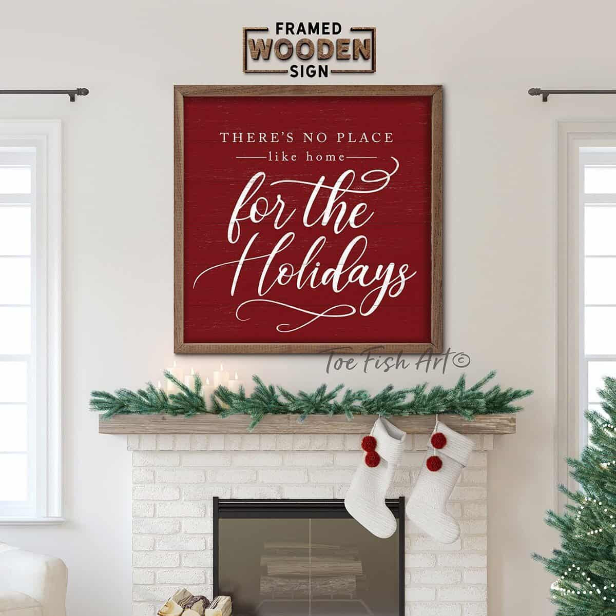 There's No Place Like Home for The Holidays Decoration in Vibrant Holiday Red and White, Vintage Christmas Wall Art, Framed Hardwood Shiplap Sign handmade by ToeFishArt. Original, custom, personalized wall decor signs. Canvas, Wood or Metal. Rustic modern farmhouse, cottagecore, vintage, retro, industrial, Americana, primitive, country, coastal, minimalist.