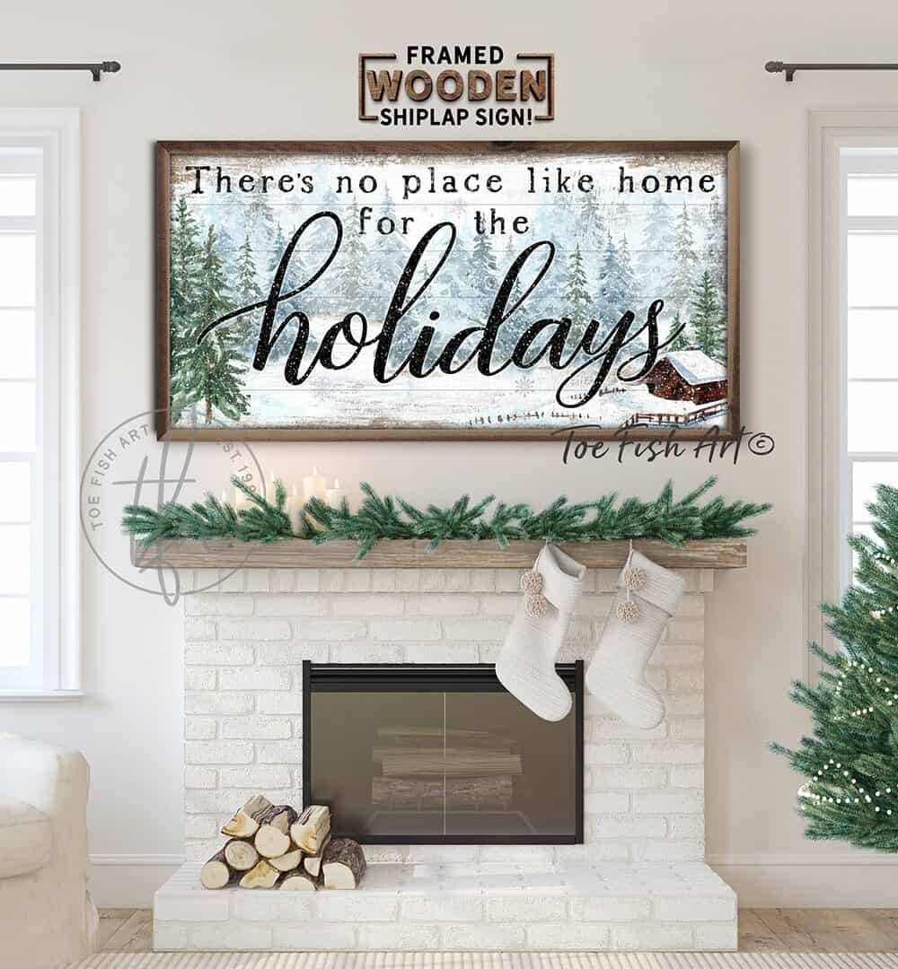 There's No Place Like Home for The Holidays Sign, Snowy Forest Cozy Cabin Artwork, Vintage Christmas Wall Decor, Framed Hardwood Shiplap Sign handmade by ToeFishArt. Original, custom, personalized wall decor signs. Canvas, Wood or Metal. Rustic modern farmhouse, cottagecore, vintage, retro, industrial, Americana, primitive, country, coastal, minimalist.