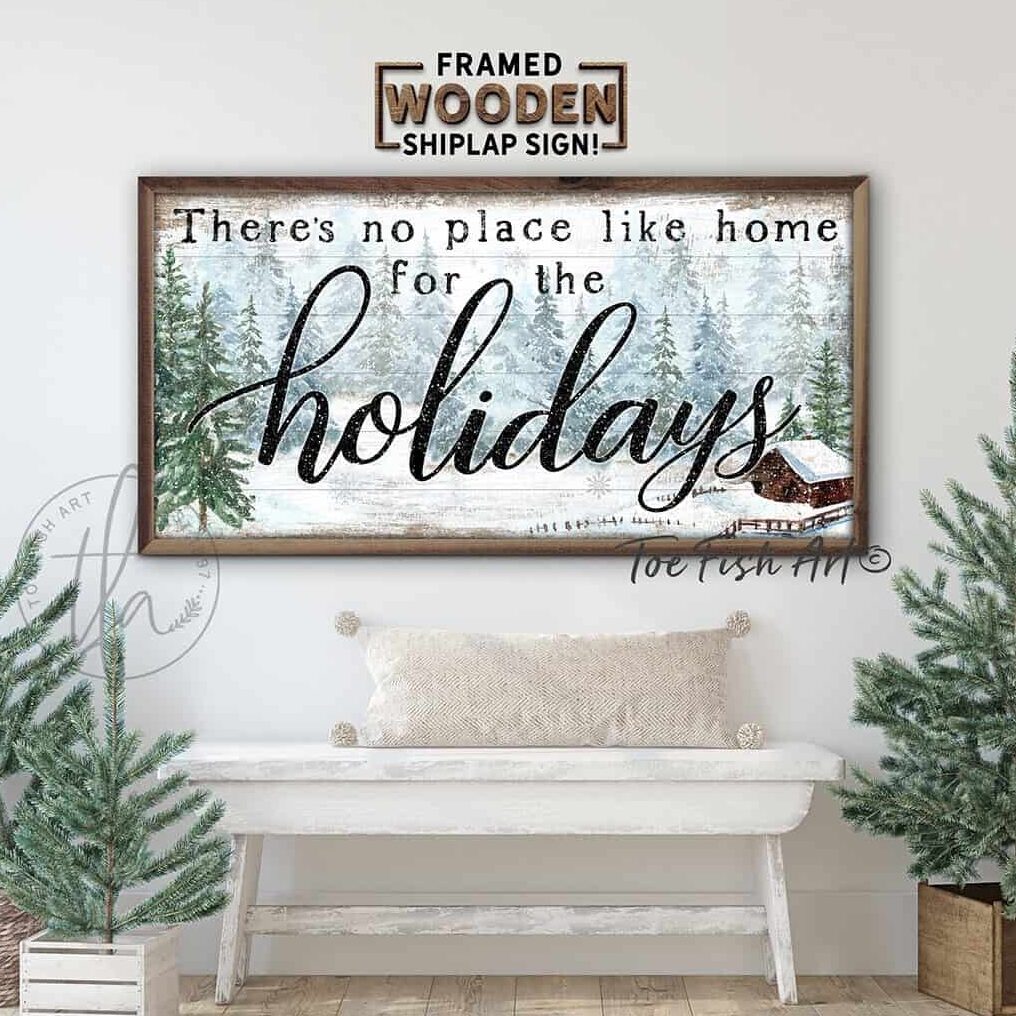 There's No Place Like Home for The Holidays Sign, Snowy Forest Cozy Cabin Artwork, Vintage Christmas Wall Decor, Framed Hardwood Shiplap Sign handmade by ToeFishArt. Original, custom, personalized wall decor signs. Canvas, Wood or Metal. Rustic modern farmhouse, cottagecore, vintage, retro, industrial, Americana, primitive, country, coastal, minimalist.