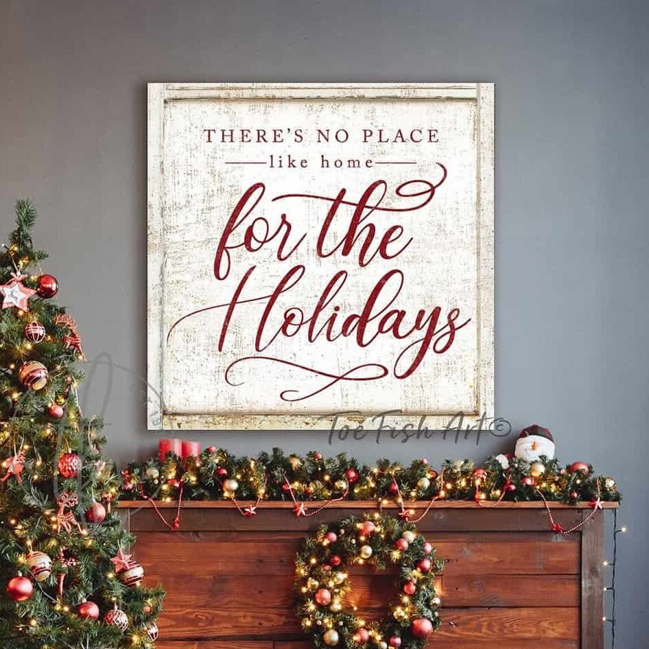 There's No Place Like Home for The Holidays Sign in Vintage Holiday Red and Timeworn White, Rustic Christmas Decor Wall Art handmade by ToeFishArt. Original, custom, personalized wall decor signs. Canvas, Wood or Metal. Rustic modern farmhouse, cottagecore, vintage, retro, industrial, Americana, primitive, country, coastal, minimalist.