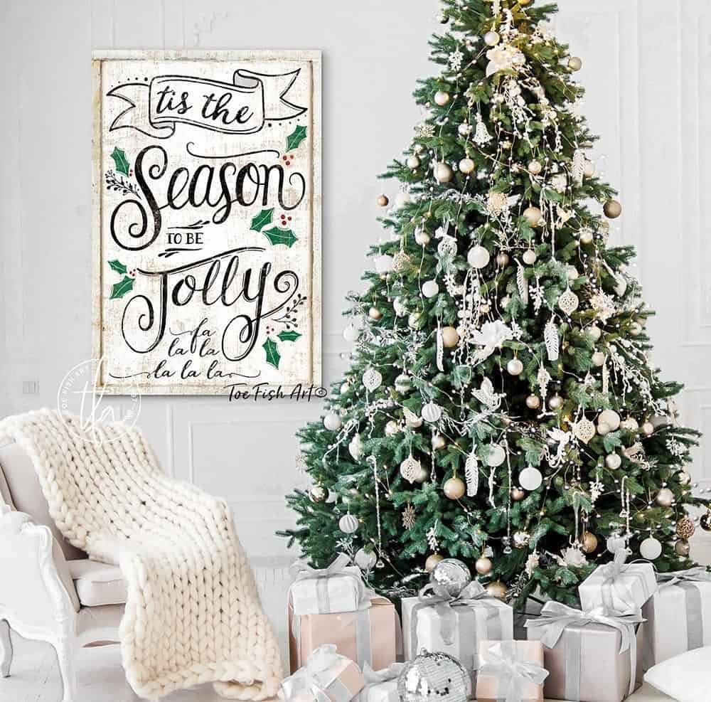 Tis The Season To Be Jolly Sign handmade by ToeFishArt. Original, custom, personalized wall decor signs. Canvas, Wood or Metal. Rustic modern farmhouse, cottagecore, vintage, retro, industrial, Americana, primitive, country, coastal, minimalist.