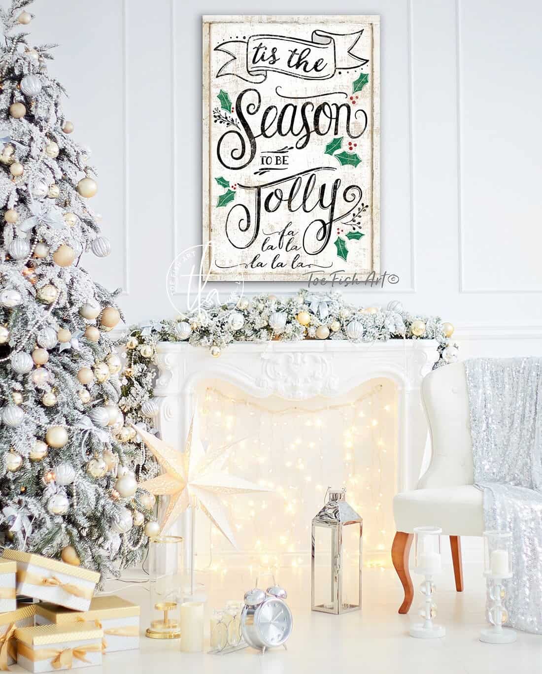 Tis The Season To Be Jolly Sign handmade by ToeFishArt. Original, custom, personalized wall decor signs. Canvas, Wood or Metal. Rustic modern farmhouse, cottagecore, vintage, retro, industrial, Americana, primitive, country, coastal, minimalist.