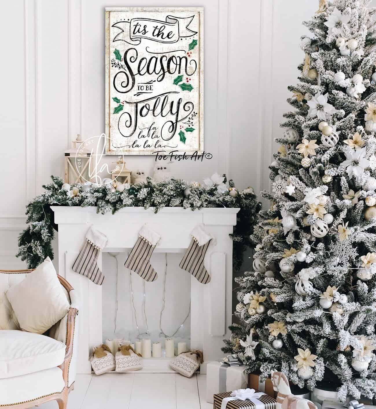Tis The Season To Be Jolly Sign handmade by ToeFishArt. Original, custom, personalized wall decor signs. Canvas, Wood or Metal. Rustic modern farmhouse, cottagecore, vintage, retro, industrial, Americana, primitive, country, coastal, minimalist.