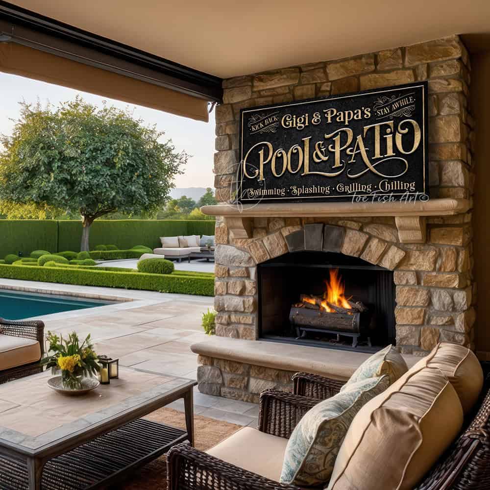 Create an outdoor retreat or entertaining space with a perfect message and personalized family name on this custom Pool & Patio sign. Ideal for poolside, patios, decks, spas, and bar-grill areas, this durable sign adds character. Be surrounded by decor you LOVE! Choose between premium framed canvas or durable outdoor metal. Toe Fish Art makes artisan wall art with American materials. Proudly Made in the USA, each piece is expertly constructed with genuine craftsmanship, heritage quality, and rustic charm.