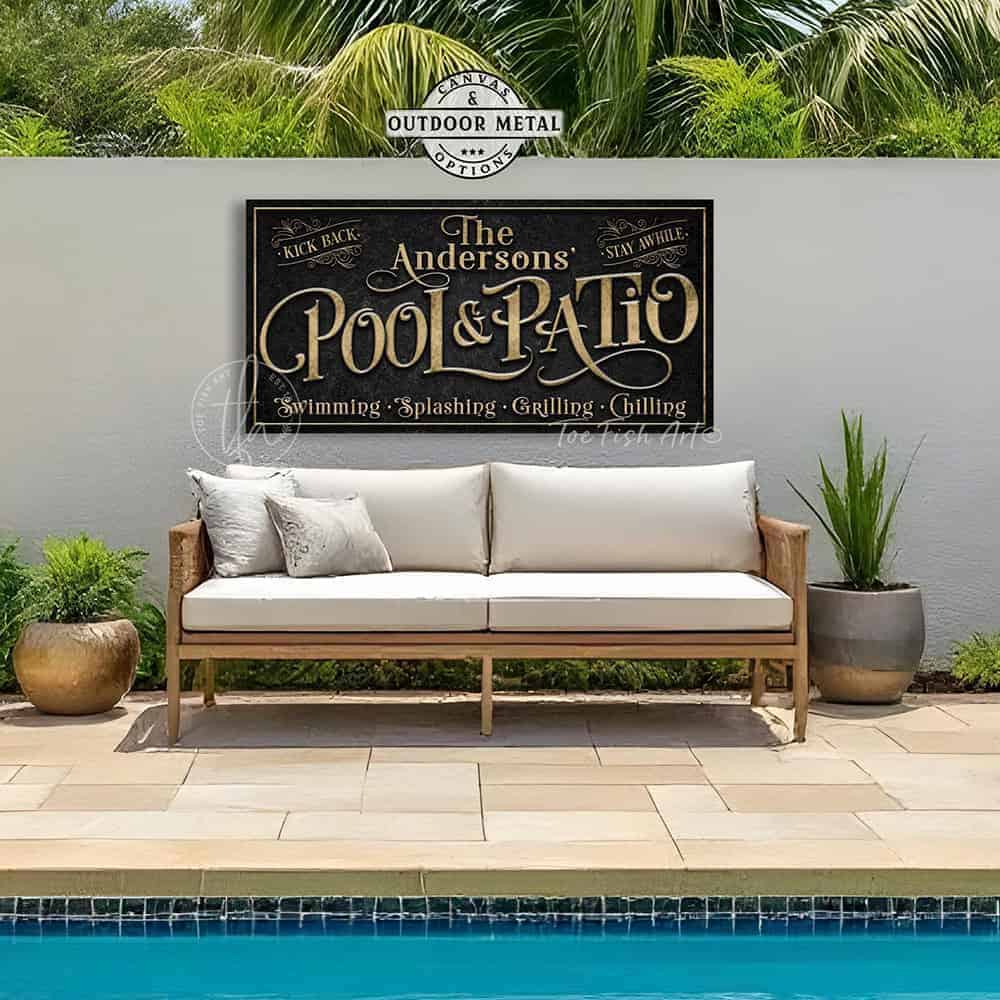 Create an outdoor retreat or entertaining space with a perfect message and personalized family name on this custom Pool & Patio sign. Ideal for poolside, patios, decks, spas, and bar-grill areas, this durable sign adds character. Be surrounded by decor you LOVE! Choose between premium framed canvas or durable outdoor metal. Toe Fish Art makes artisan wall art with American materials. Proudly Made in the USA, each piece is expertly constructed with genuine craftsmanship, heritage quality, and rustic charm.