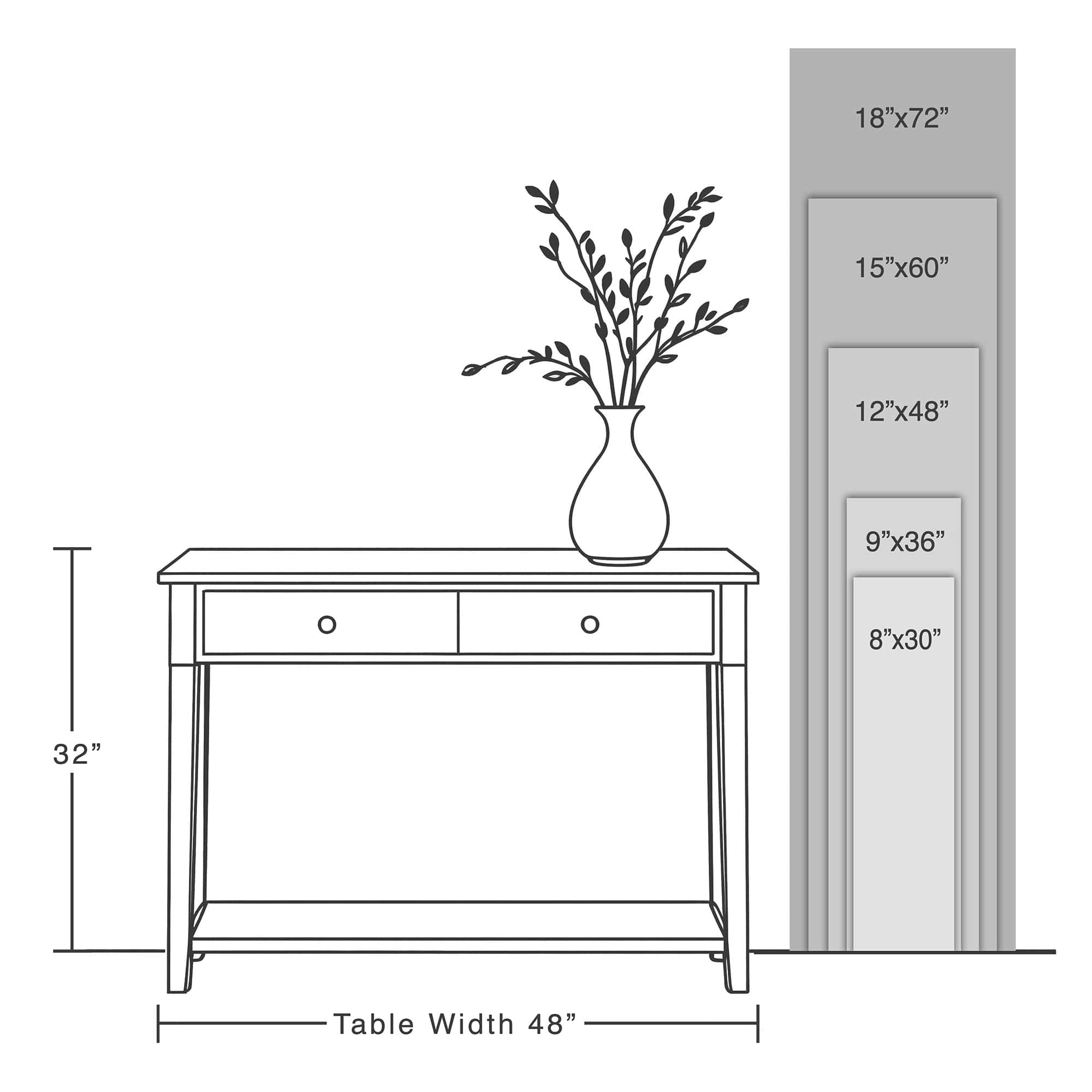 Toe Fish Art signs Size Guide for 18"x72", 15"x60", 12"x48", 9"x36", and 8"x30" vertical - portrait signs.