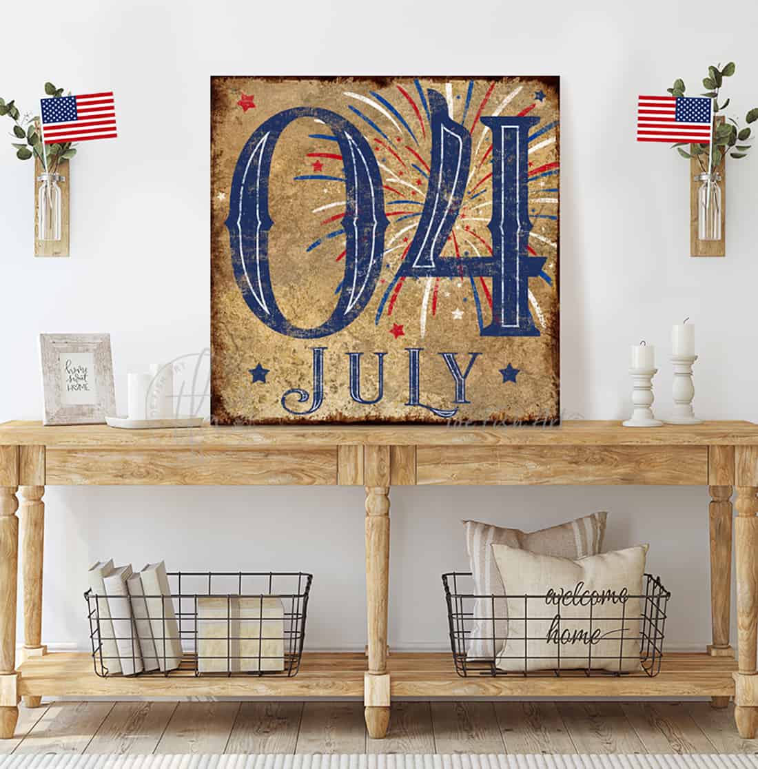 Toe Fish Art 4th of July Sign Vintage Fourth Of July Decor handmade by ToeFishArt. Original, custom, personalized wall decor signs. Canvas, Wood or Metal. Rustic modern farmhouse, cottagecore, vintage, retro, industrial, Americana, primitive, country, coastal, minimalist.