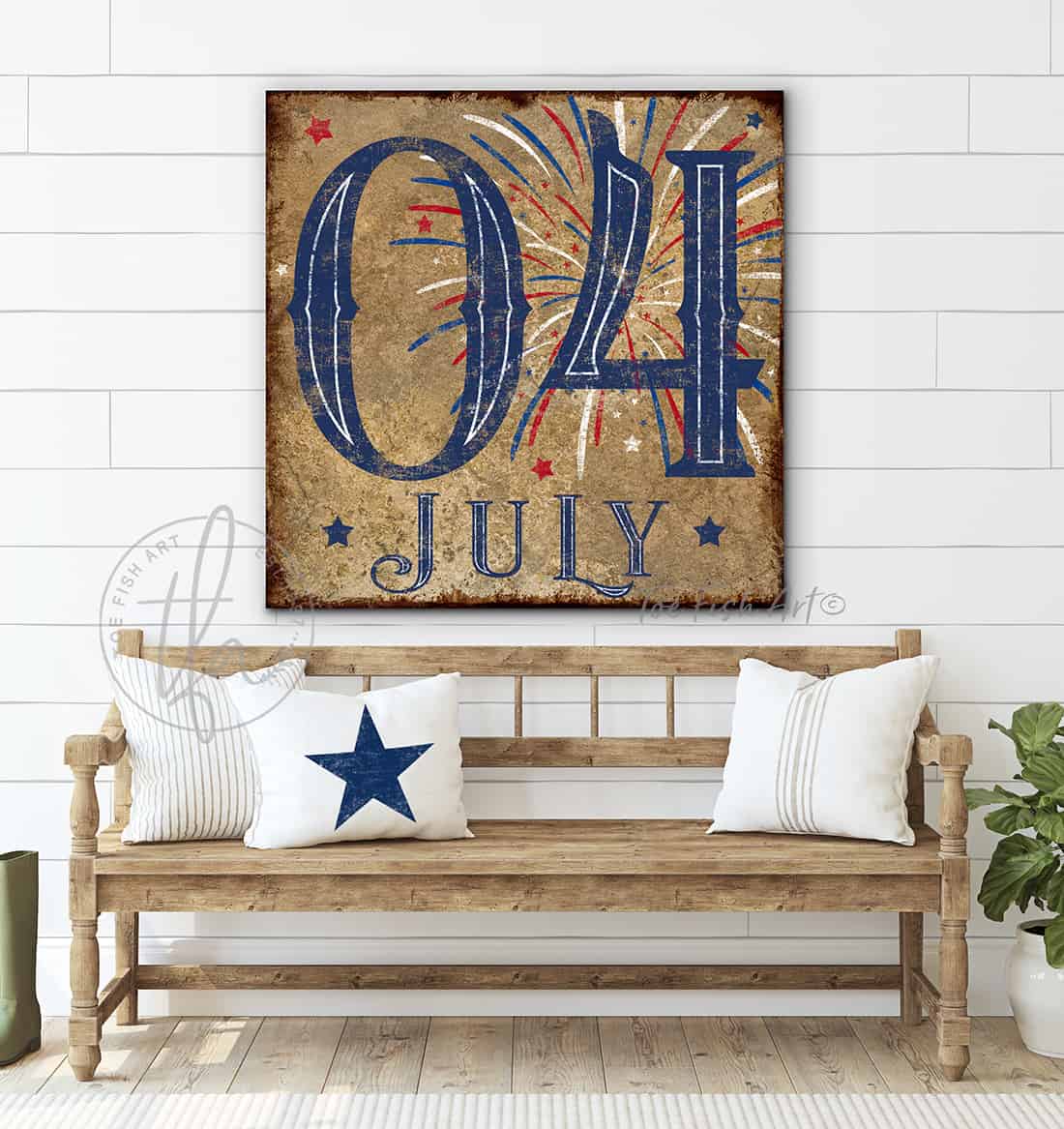 Toe Fish Art 4th of July Sign Vintage Fourth Of July Decor handmade by ToeFishArt. Original, custom, personalized wall decor signs. Canvas, Wood or Metal. Rustic modern farmhouse, cottagecore, vintage, retro, industrial, Americana, primitive, country, coastal, minimalist.