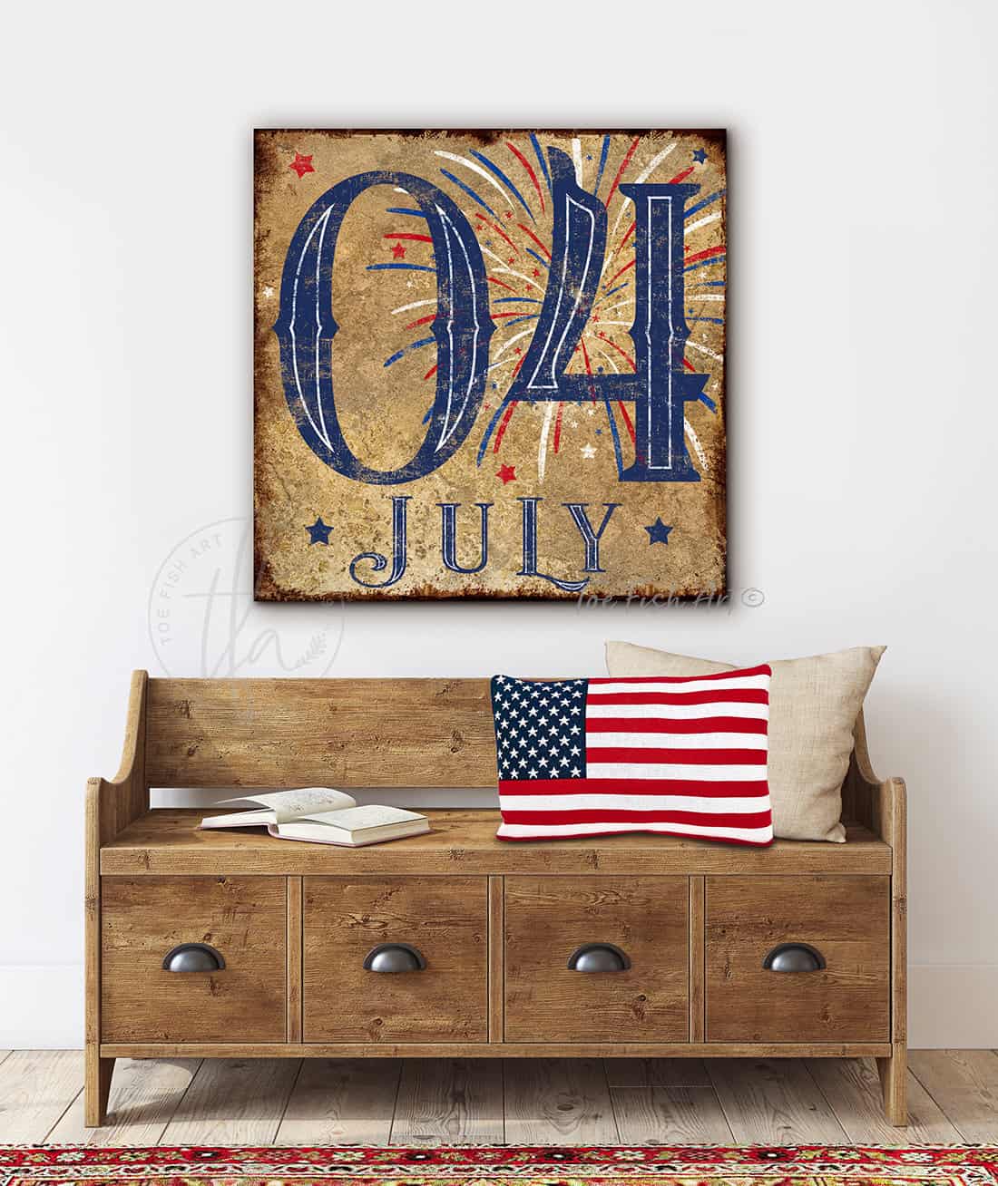 Toe Fish Art 4th of July Sign Vintage Fourth Of July Decor handmade by ToeFishArt. Original, custom, personalized wall decor signs. Canvas, Wood or Metal. Rustic modern farmhouse, cottagecore, vintage, retro, industrial, Americana, primitive, country, coastal, minimalist.