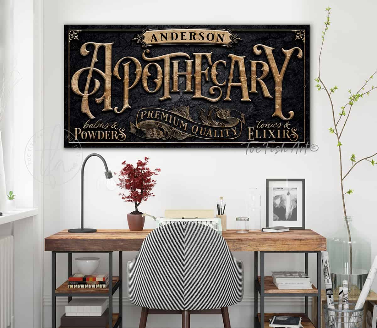 Apothecary Personalized Custom Sign wall art handmade by ToeFishArt. Original, custom, personalized wall decor signs. Canvas, Wood or Metal. Rustic modern farmhouse, cottagecore, vintage, retro, industrial, Americana, primitive, country, coastal, minimalist.