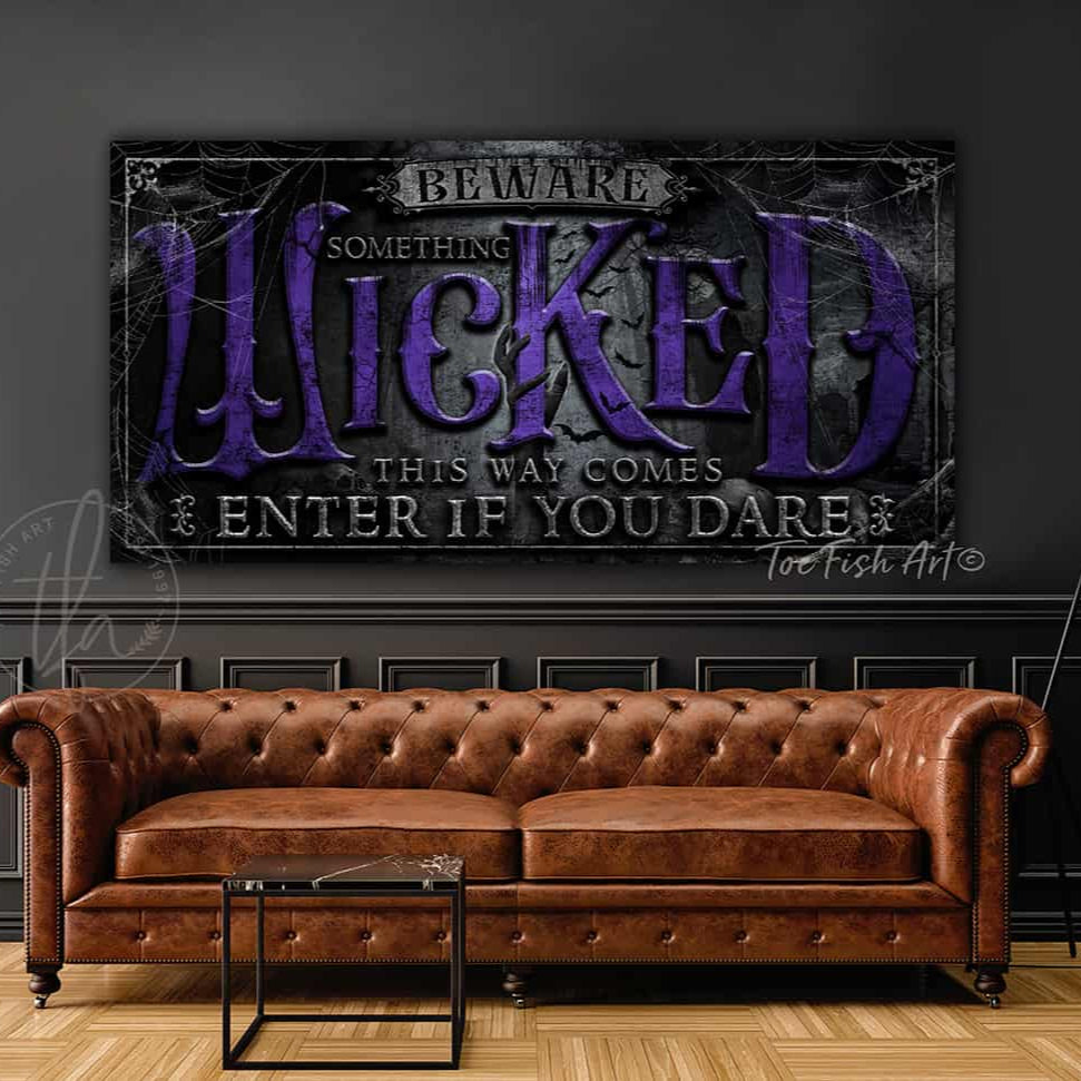 Beware Something Wicked This Way Comes Enter If You Dare Canvas or Outdoor Metal Sign Rustic Black Color Style handmade by ToeFishArt. Original, custom, personalized wall decor signs. Canvas, Wood or Metal. Rustic modern farmhouse, cottagecore, vintage, retro, industrial, Americana, primitive, country, coastal, minimalist.