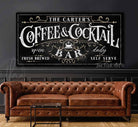 Custom Coffee & Cocktail Bar Personalized sign handmade by ToeFishArt. Original, custom, personalized wall decor signs. Canvas, Wood or Metal. Rustic modern farmhouse, cottagecore, vintage, retro, industrial, Americana, primitive, country, coastal, minimalist.