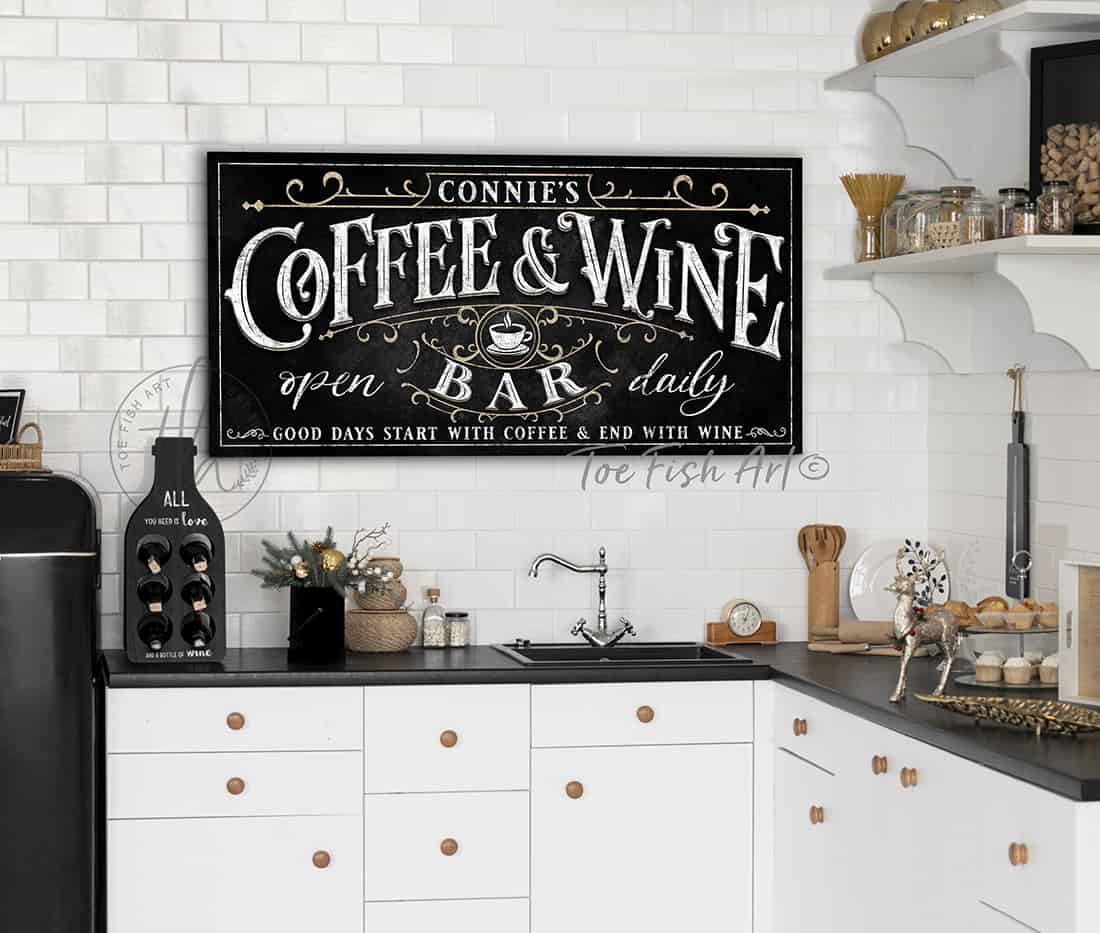 Custom Coffee & Wine Bar Personalized sign handmade by ToeFishArt. Original, custom, personalized wall decor signs. Canvas, Wood or Metal. Rustic modern farmhouse, cottagecore, vintage, retro, industrial, Americana, primitive, country, coastal, minimalist.