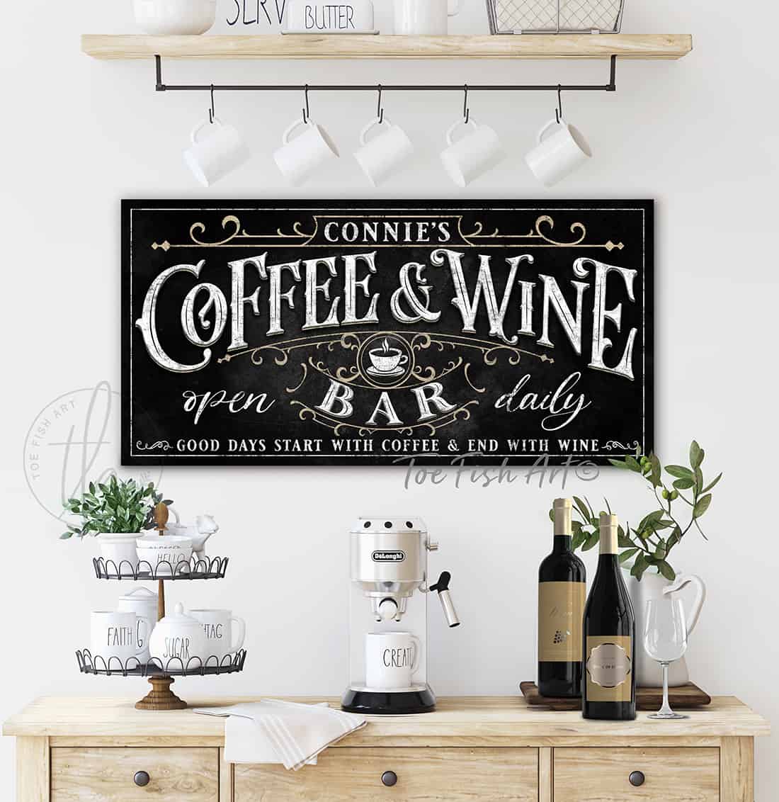 Custom Coffee & Wine Bar Personalized sign handmade by ToeFishArt. Original, custom, personalized wall decor signs. Canvas, Wood or Metal. Rustic modern farmhouse, cottagecore, vintage, retro, industrial, Americana, primitive, country, coastal, minimalist.