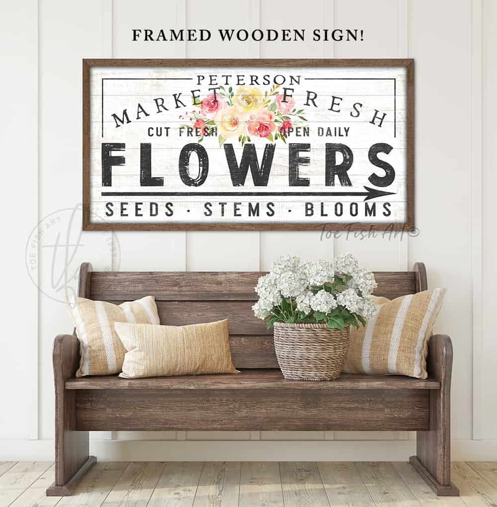 Market Fresh Flowers Personalized Family Name Wood Shiplap Sign handmade by ToeFishArt. Original, custom, personalized wall decor signs. Canvas, Wood or Metal. Rustic modern farmhouse, cottagecore, vintage, retro, industrial, Americana, primitive, country, coastal, minimalist.