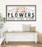 Market Fresh Flowers Personalized Family Name Wood Shiplap Sign handmade by ToeFishArt. Original, custom, personalized wall decor signs. Canvas, Wood or Metal. Rustic modern farmhouse, cottagecore, vintage, retro, industrial, Americana, primitive, country, coastal, minimalist.