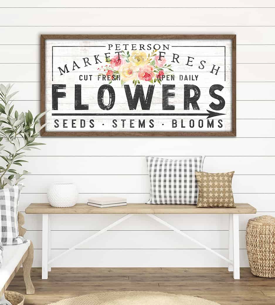 Market Fresh Flowers Personalized Family Name Wood Shiplap Sign handmade by ToeFishArt. Original, custom, personalized wall decor signs. Canvas, Wood or Metal. Rustic modern farmhouse, cottagecore, vintage, retro, industrial, Americana, primitive, country, coastal, minimalist.
