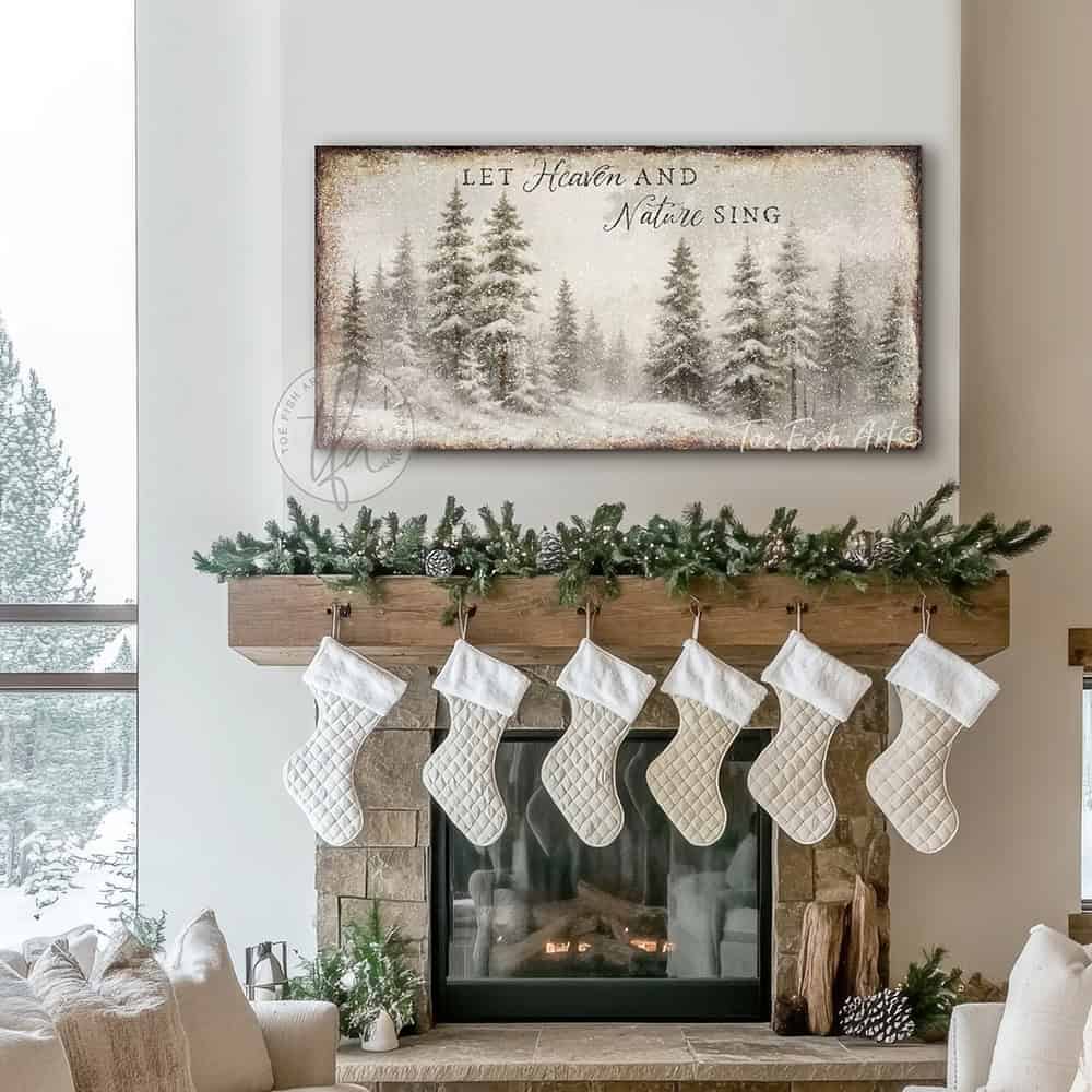 Vintage Christmas decoration—snowy forest scene wall decor with "Let Heaven and Nature Sing" Christian holiday hymn song lyrics. Canvas or outdoor metal cottagecore farmhouse sign.—Toe Fish Art makes authentic wall art with American sourced materials. Proudly made in the USA, each sign is constructed with genuine craftsmanship, heritage quality, and rustic charm. Our premium, handcrafted pieces are built to last. Discover American made wall art at toefishart.com—crafted to inspire, made to endure.