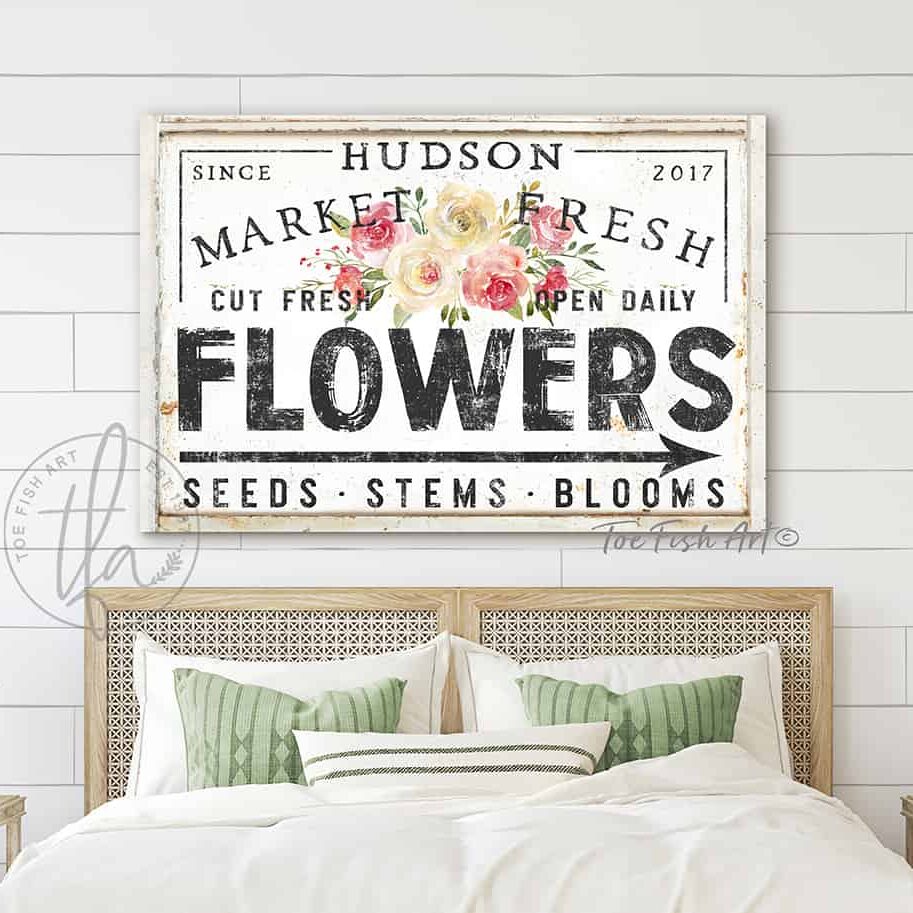 Market Fresh Flowers Sign Vintage White handmade by ToeFishArt. Original, custom, personalized wall decor signs. Canvas, Wood or Metal. Rustic modern farmhouse, cottagecore, vintage, retro, industrial, Americana, primitive, country, coastal, minimalist.