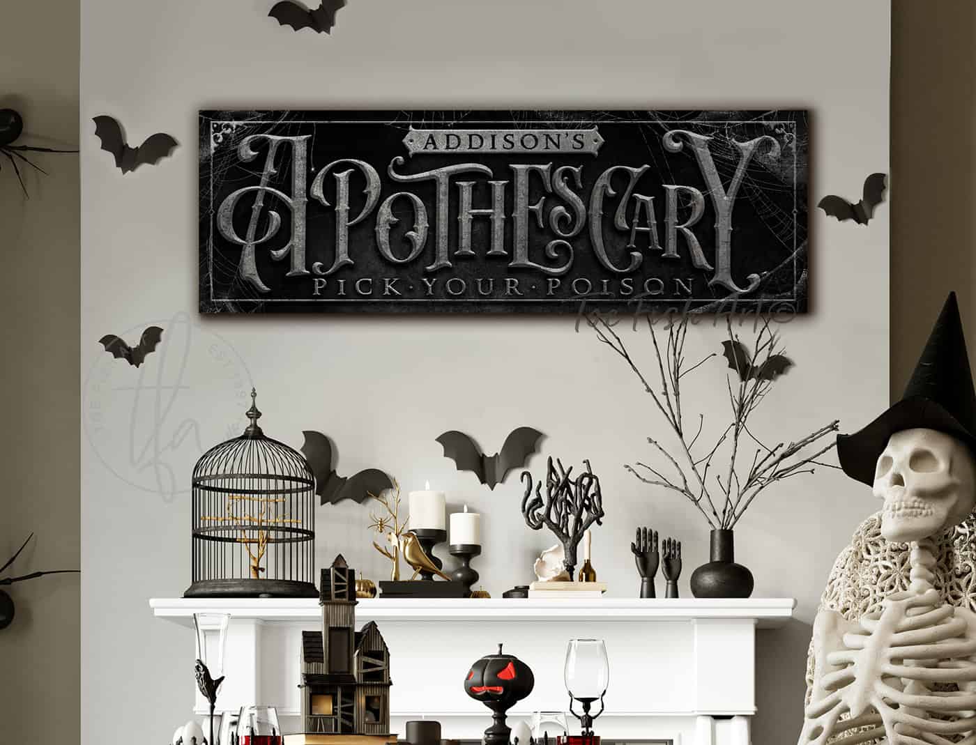 ApotheScary Personalized Custom Halloween Decoration Sign handmade by ToeFishArt. Original, custom, personalized wall decor signs. Canvas, Wood or Metal. Rustic modern farmhouse, cottagecore, vintage, retro, industrial, Americana, primitive, country, coastal, minimalist.