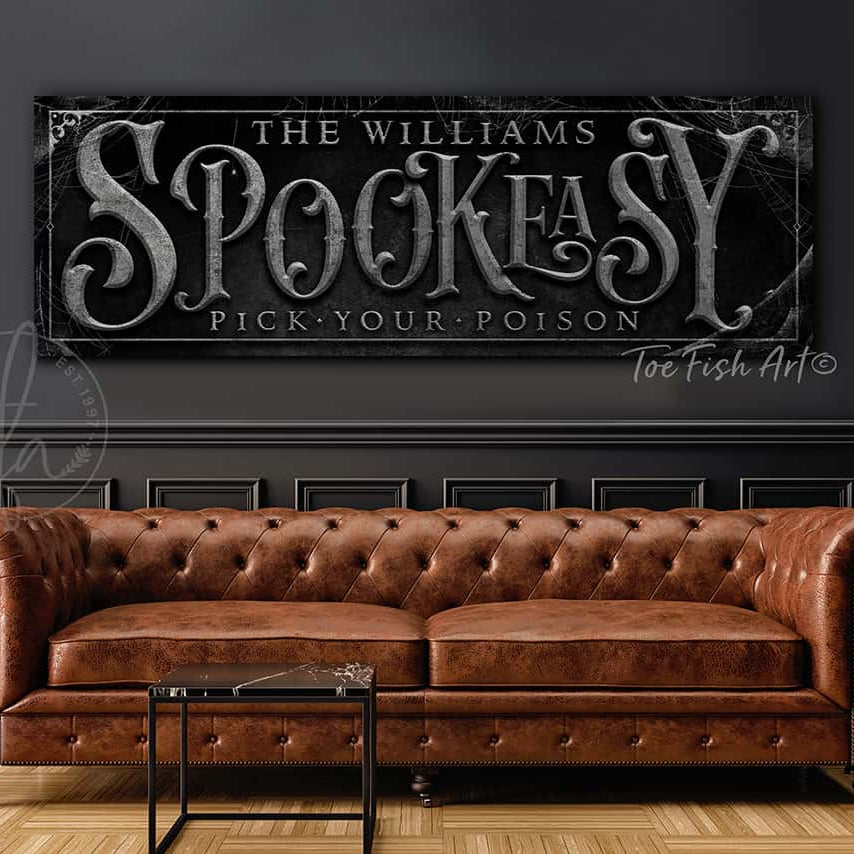 Spookeasy Custom Personalized Halloween Decoration sign handmade by ToeFishArt. Original, custom, personalized wall decor signs. Canvas, Wood or Metal. Rustic modern farmhouse, cottagecore, vintage, retro, industrial, Americana, primitive, country, coastal, minimalist.