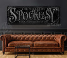 Spookeasy Custom Personalized Halloween Decoration sign handmade by ToeFishArt. Original, custom, personalized wall decor signs. Canvas, Wood or Metal. Rustic modern farmhouse, cottagecore, vintage, retro, industrial, Americana, primitive, country, coastal, minimalist.