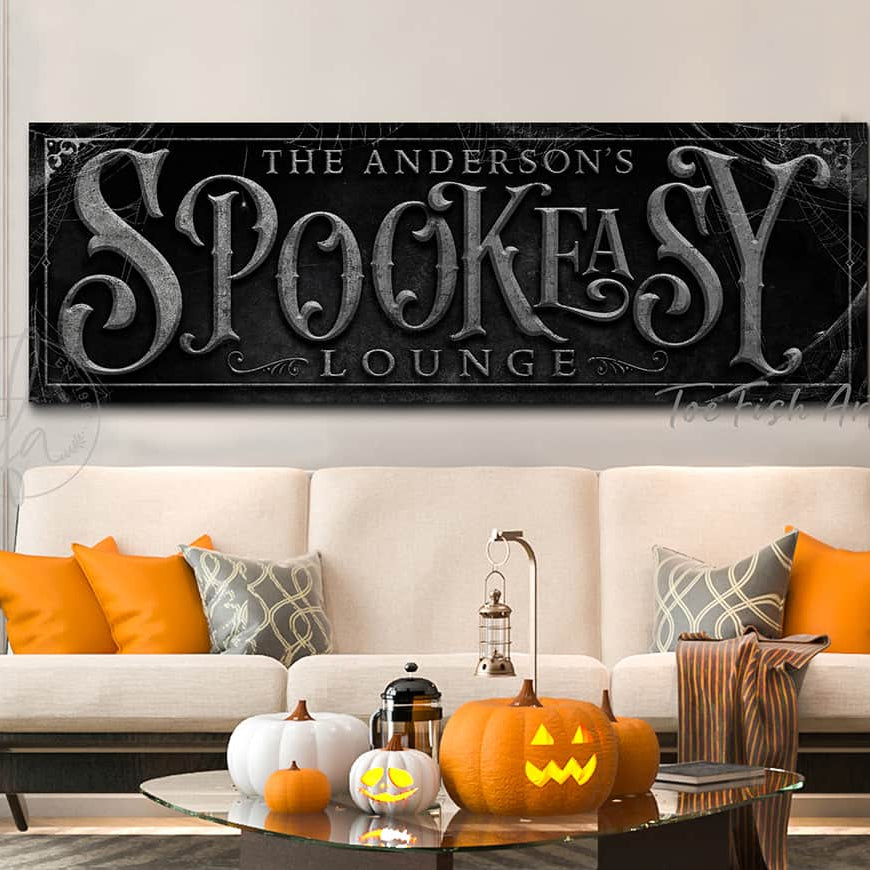 Spookeasy Custom Personalized Halloween Decoration sign handmade by ToeFishArt. Original, custom, personalized wall decor signs. Canvas, Wood or Metal. Rustic modern farmhouse, cottagecore, vintage, retro, industrial, Americana, primitive, country, coastal, minimalist.
