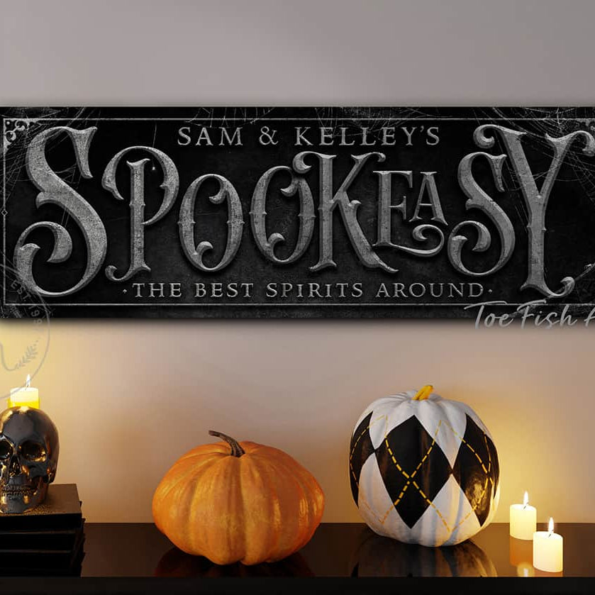 Spookeasy Custom Personalized Halloween Decoration handmade by ToeFishArt. Original, custom, personalized wall decor signs. Canvas, Wood or Metal. Rustic modern farmhouse, cottagecore, vintage, retro, industrial, Americana, primitive, country, coastal, minimalist.