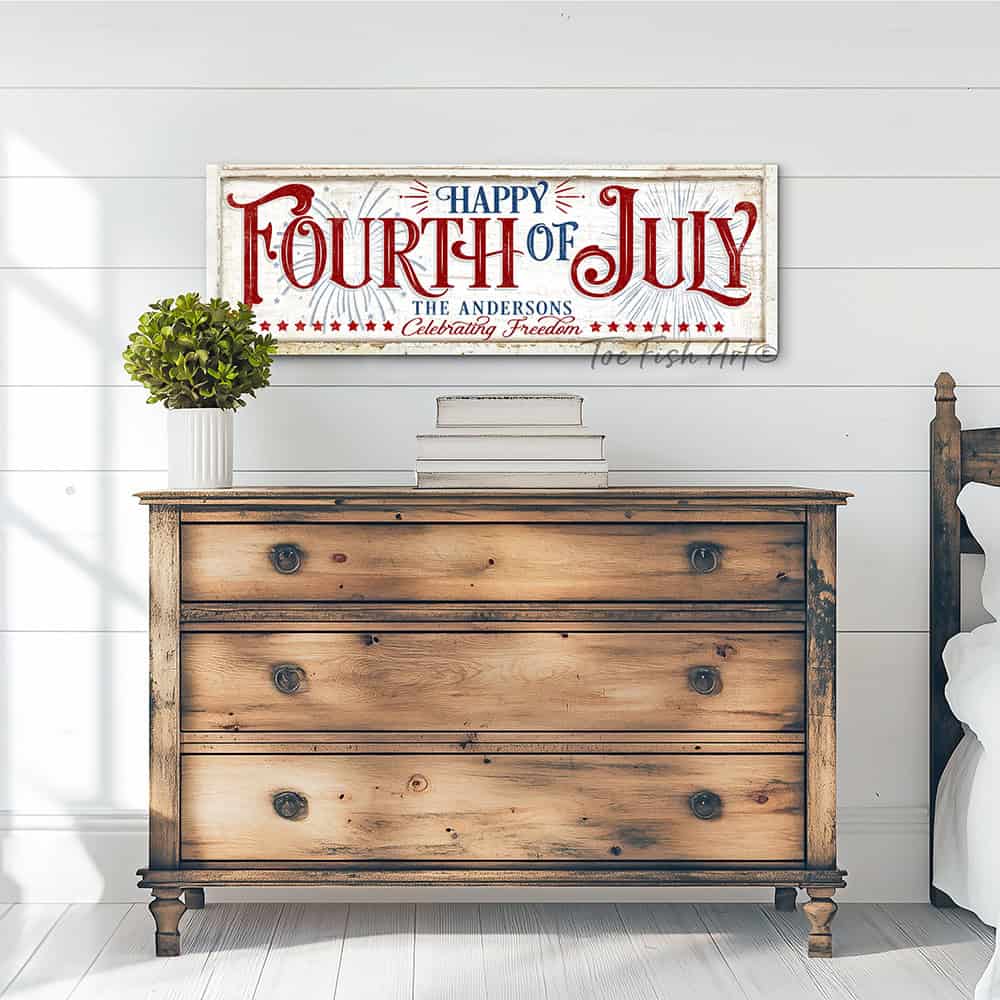 Toe Fish Art's personalized 'Happy Fourth of July' wall decor sign featuring a vintage-inspired design, and showcasing your family name with the phrase 'Celebrating Freedom.' This red, white, and blue Independence Day decoration is available in durable framed canvas, handmade in the USA from start to finish, perfect for enhancing your patriotic theme, July 4th parties, and summer decor. Built to last with genuine craftsmanship, this authentic sign adds rustic charm and heritage quality to any home.