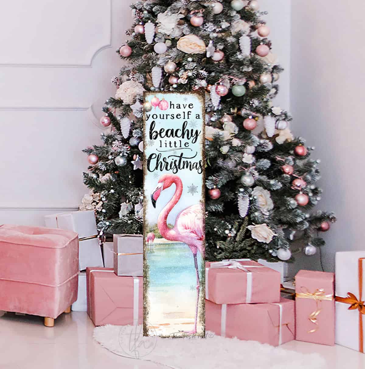 Have Yourself a Beachy Little Christmas Pink Flamingo Vertical Porch Entryway Front Door Welcome Holiday Decoration Canvas or Outdoor Metal Sign handmade by ToeFishArt. Original, custom, personalized wall decor signs. Canvas, Wood or Metal. Rustic modern farmhouse, cottagecore, vintage, retro, industrial, Americana, primitive, country, coastal, minimalist.
