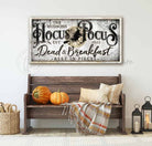 Personalized Hocus Pocus Dead & Breakfast Sign handmade by ToeFishArt. Original, custom, personalized wall decor signs. Canvas, Wood or Metal. Rustic modern farmhouse, cottagecore, vintage, retro, industrial, Americana, primitive, country, coastal, minimalist.