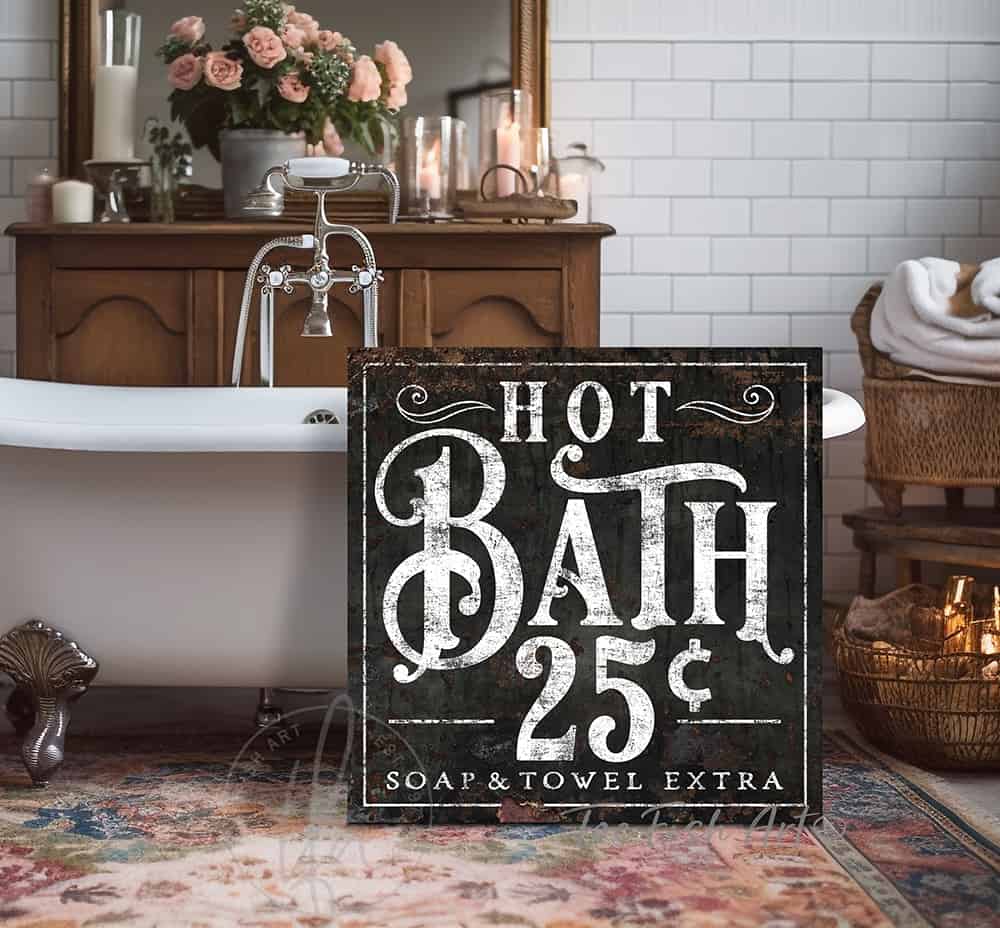 Hot Bath 25 Cents Nostalgic Vintage Bathroom Powder Room Sign handmade by ToeFishArt. Original, custom, personalized wall decor signs. Canvas, Wood or Metal. Rustic modern farmhouse, cottagecore, vintage, retro, industrial, Americana, primitive, country, coastal, minimalist.