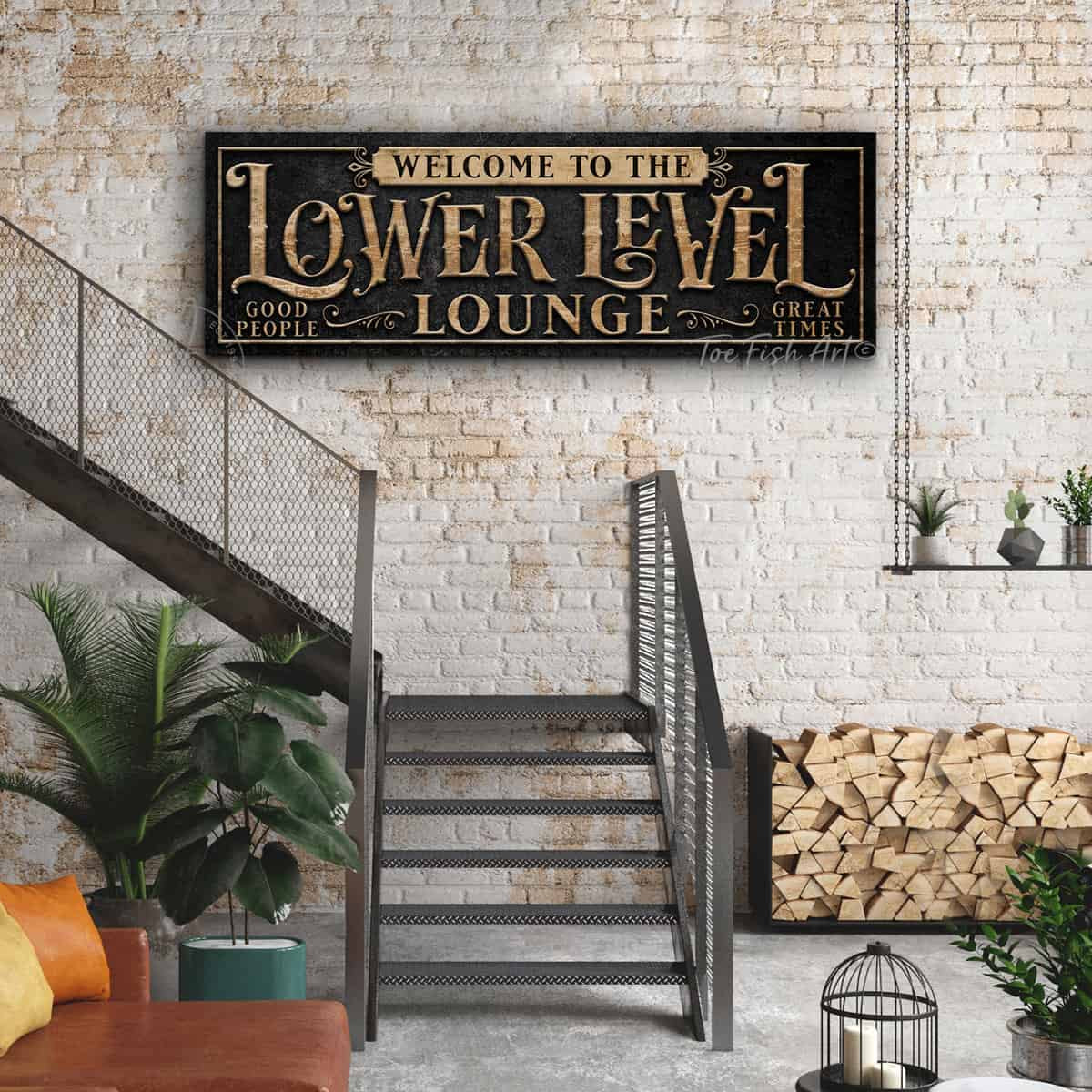 Personalized Lower Level Lounge Sign handmade by ToeFishArt. Original, custom, personalized wall decor signs. Canvas, Wood or Metal. Rustic modern farmhouse, cottagecore, vintage, retro, industrial, Americana, primitive, country, coastal, minimalist.