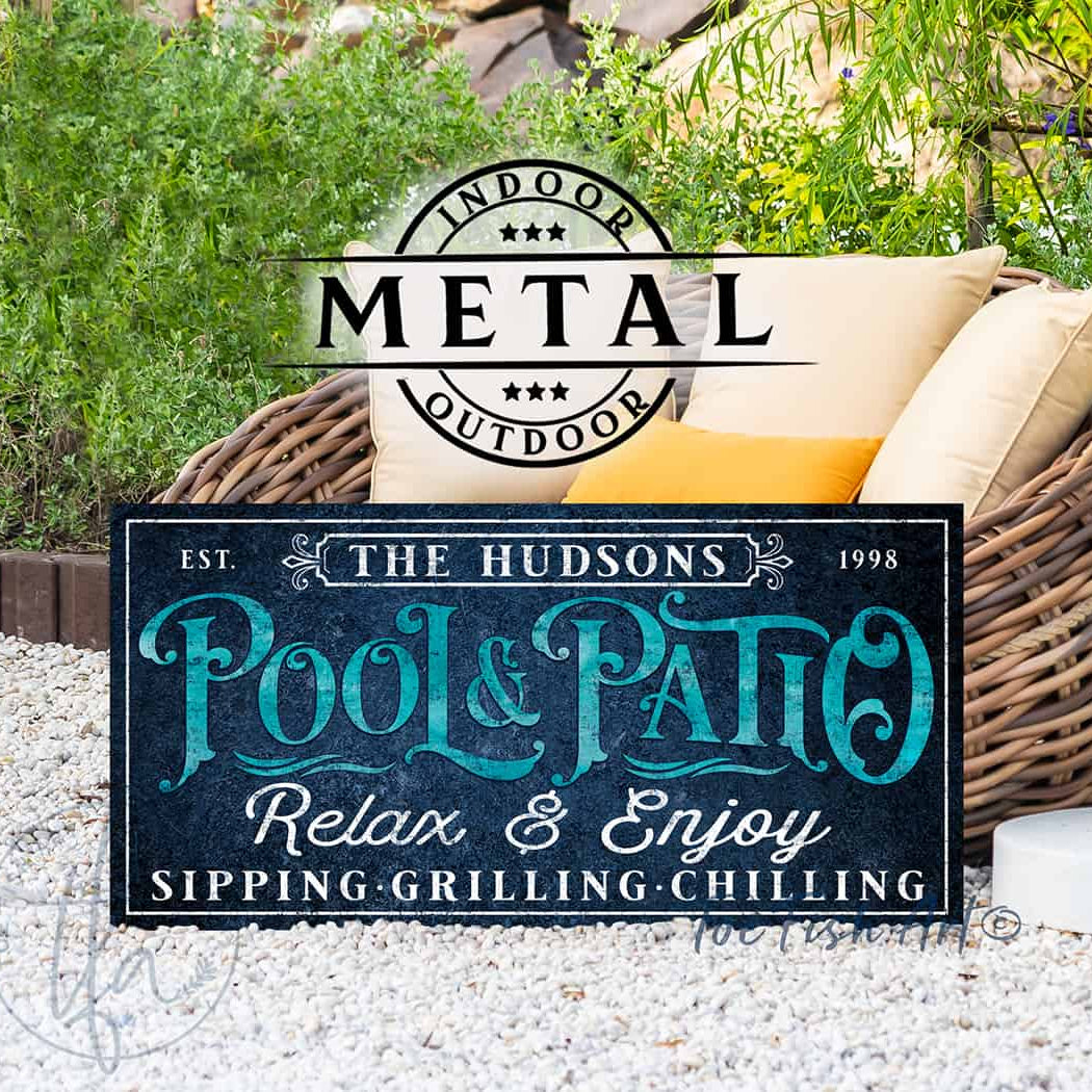 Pool & Patio Personalized Sign handmade by ToeFishArt. Original, custom, personalized wall decor signs. Canvas, Wood or Metal. Rustic modern farmhouse, cottagecore, vintage, retro, industrial, Americana, primitive, country, coastal, minimalist.