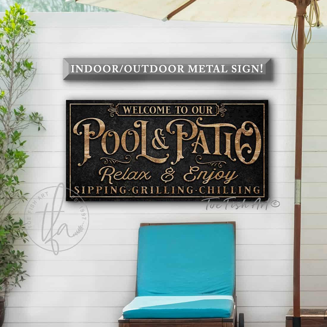 Pool & Patio Personalized Sign handmade by ToeFishArt. Original, custom, personalized wall decor signs. Canvas, Wood or Metal. Rustic modern farmhouse, cottagecore, vintage, retro, industrial, Americana, primitive, country, coastal, minimalist.