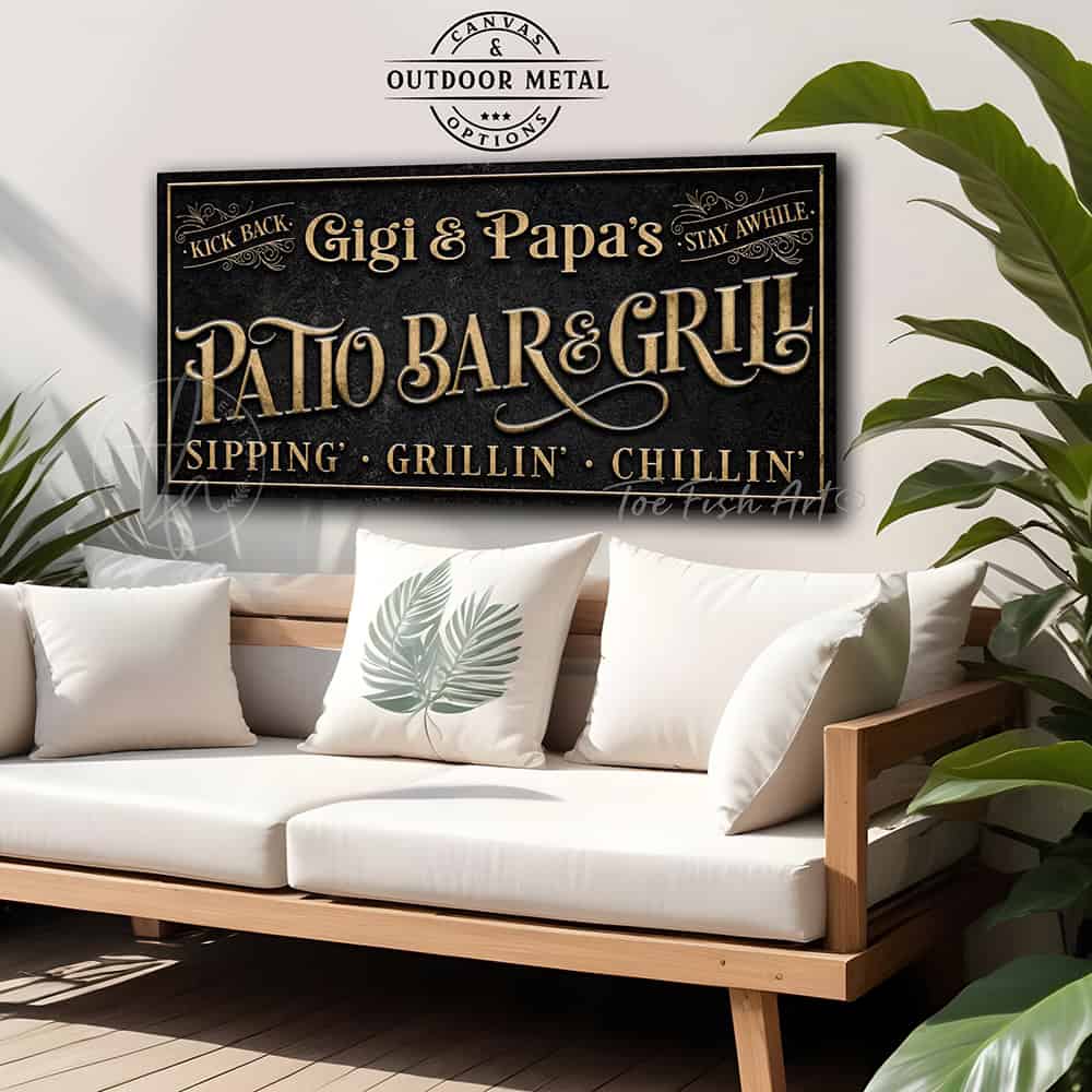 Welcome to the Patio Bar & Grill custom wall sign by Toe Fish Art, handmade in the USA in waterproof outdoor metal or framed canvas, vintage black with rustic gold, personalized family name text, and fun sayings like Kick Back-Stay Awhile, Sipping-Grilling-Chilling. Charming outdoor kitchen, bar, lounge, patio, lanai, deck, porch, or pool decor. Ideal for upgrading your outdoor summer vibe. Built to last with genuine craftsmanship, this authentic sign adds classic charm and heritage quality to any space.
